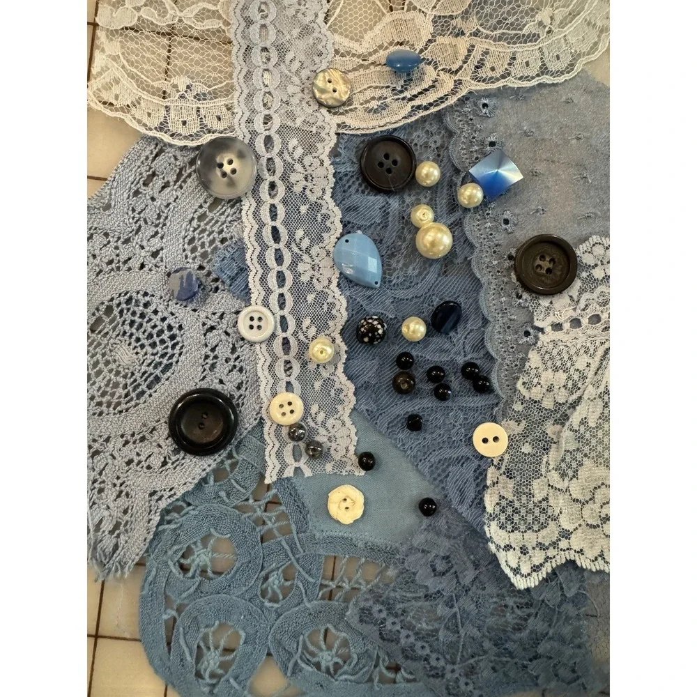 Blue & Pink Kit 35+ Vintage Embroidered Linens Lace Button Junk Journal vintage